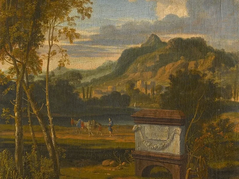 1645-Albert Meyering - Paesaggio arcadico con una tomba in primo piano e un viaggiatore con i suoi asini che cammina lungo un fiume.